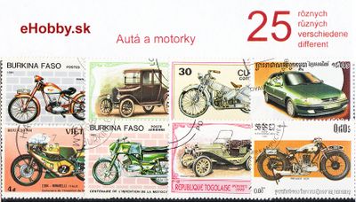 Balíček poštových známok 25ks - AUTÁ A MOTORKY