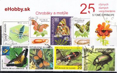 Balíček poštových známok 25ks - CHROBÁKY A MOTÝLE