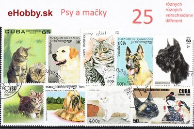 Balíček poštových známok 25ks - PSY A MAČKY