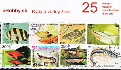 Balíček poštových známok 25ks - RYBY A VODNÝ ŽIVOT