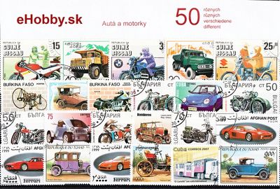 Balíček poštových známok 50ks - AUTÁ A MOTORKY