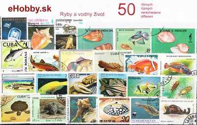 Balíček poštových známok 50ks - RYBY A VODNÝ ŽIVOT
