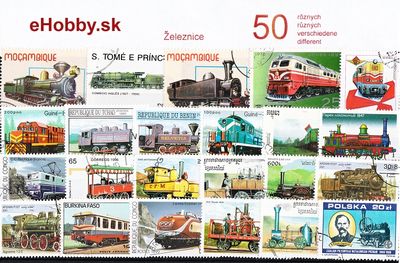 Balíček poštových známok 50ks - ŽELEZNICE