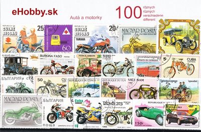 Balíček poštových známok 100ks - AUTÁ A MOTORKY