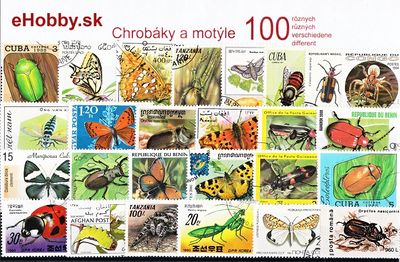 Balíček poštových známok 100ks - CHROBÁKY A MOTÝLE
