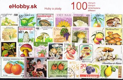 Balíček poštových známok 100ks - HUBY A PLODY