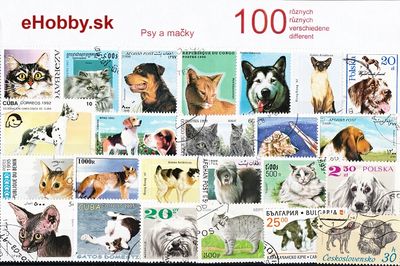 Balíček poštových známok 100ks - PSY A MAČKY