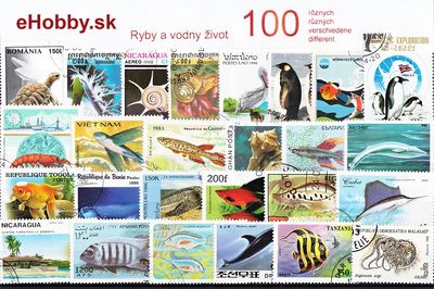 Balíček poštových známok 100ks - RYBY A VODNÝ ŽIVOT