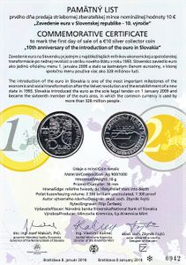 Pamätný list 10€/2019 zavedenia eura v Slovenskej republike