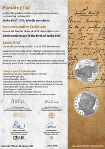 Pamätný list 10€/2022 Janko Kráľ