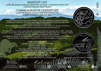 Pamätný list 20€/2022 Chránená krajinná oblasť Kysuce