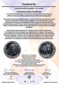 Pamätný list 25€/2018 Vznik Slovenskej republiky - 25. výročie